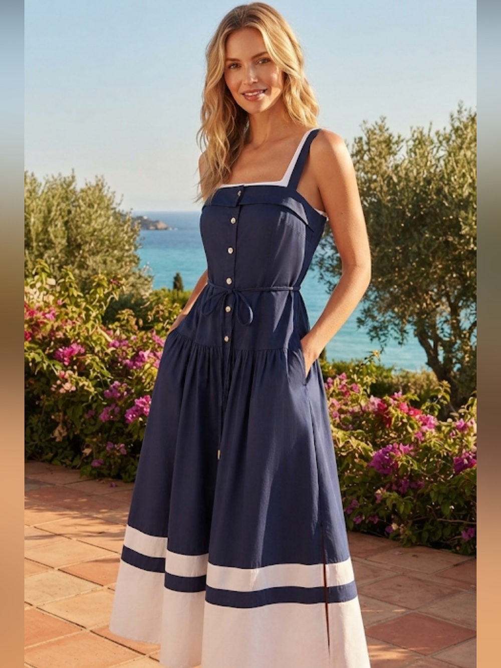 New Karl Lagerfeld Navy and White Midi Dress with Button Front size 10 - Picture 6 of 14